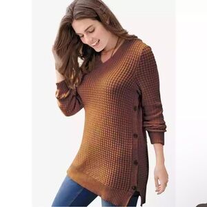 Woman Within Side Button V-Neck Waffle Knit Sweater